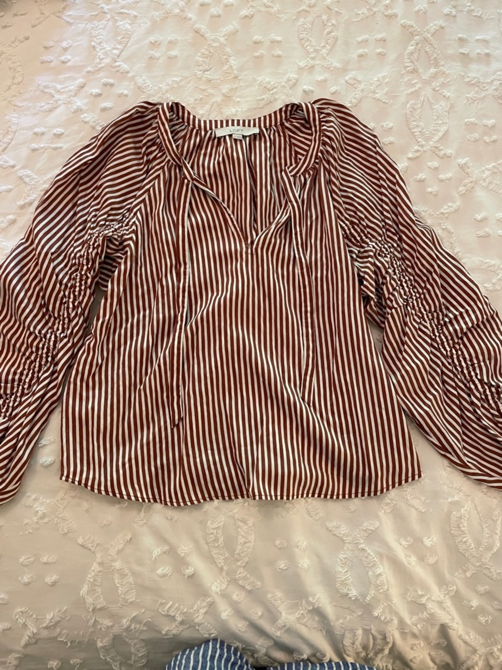 LOFT Rust and White Striped V-Neck Blouse